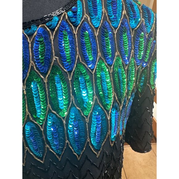 Vintage Sequin Peacock Feather Top Black Silk Blouse By Tenay Heavily Beaded - Picture 10 of 12